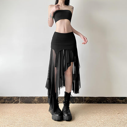 Y2K Harajuku Cyber Mesh Patchwork Irregular Hem Skirt Skirts Lunarity Garage Black S 