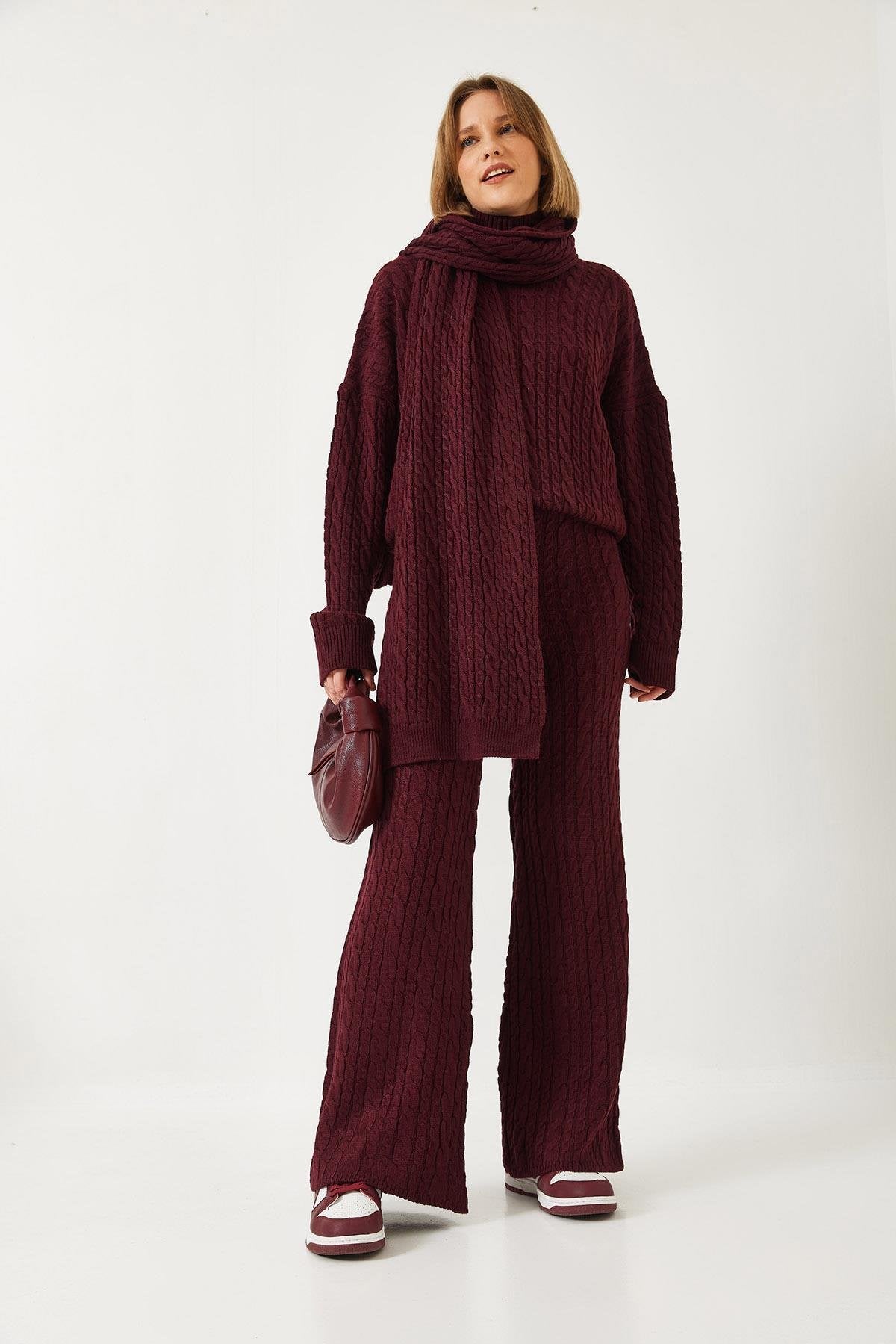 Scarfed Cable Knit Premium Cotton Turtleneck 3-Piece Set - Burgundy Clothing Set LUNARITY GARAGE