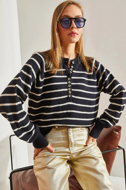 Women's Buttoned Turtleneck Striped Knit Sweater