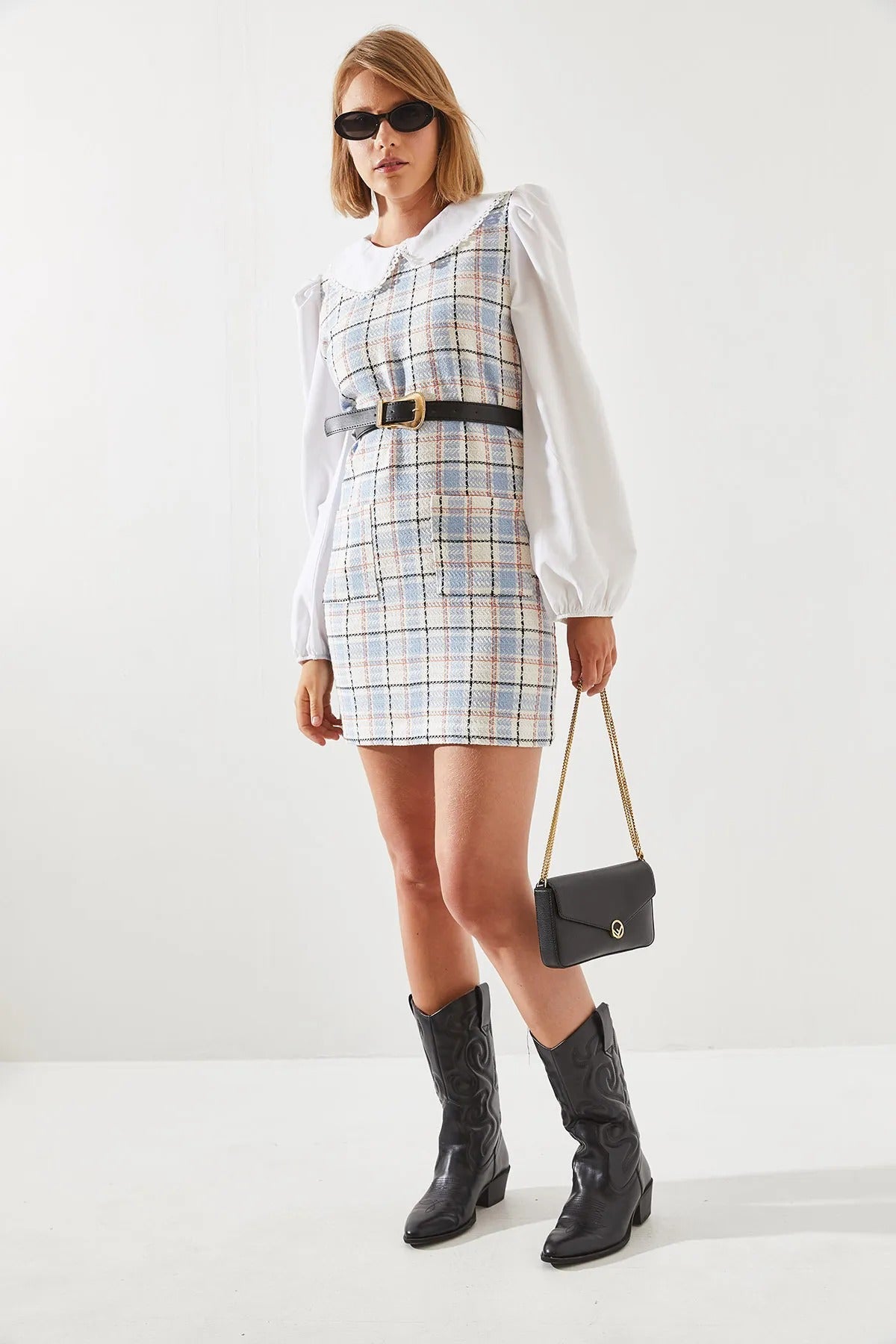 Women's Belted Plaid Collar Dress dress LUNARITY GARAGE