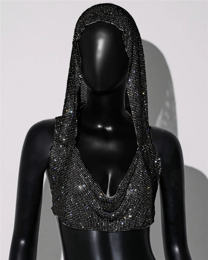 Rhinestone Hooded Crop Top crop top LUNARITY GARAGE Black  