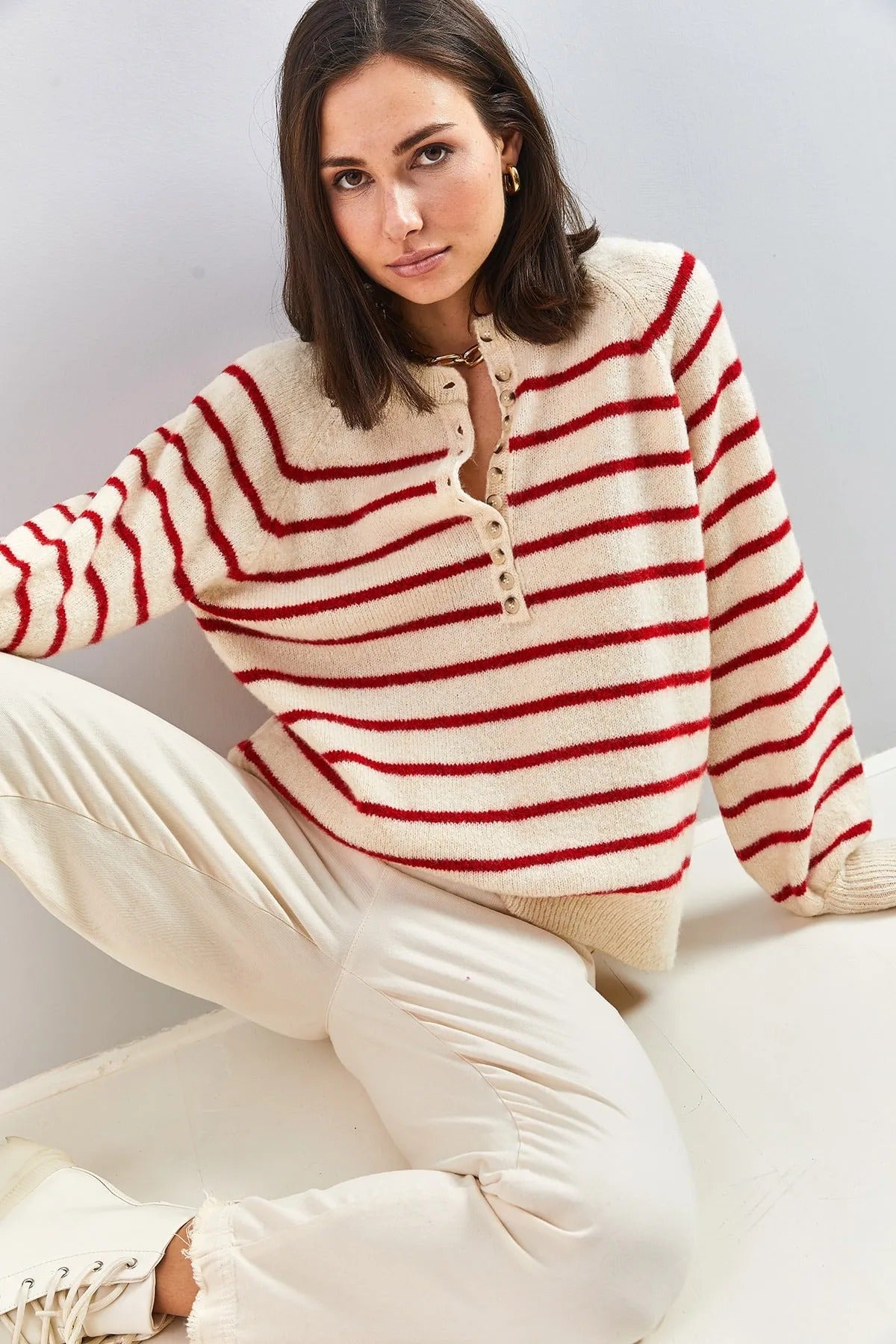 Women's Buttoned Turtleneck Striped Knit Sweater sweater LUNARITY GARAGE One Size Red