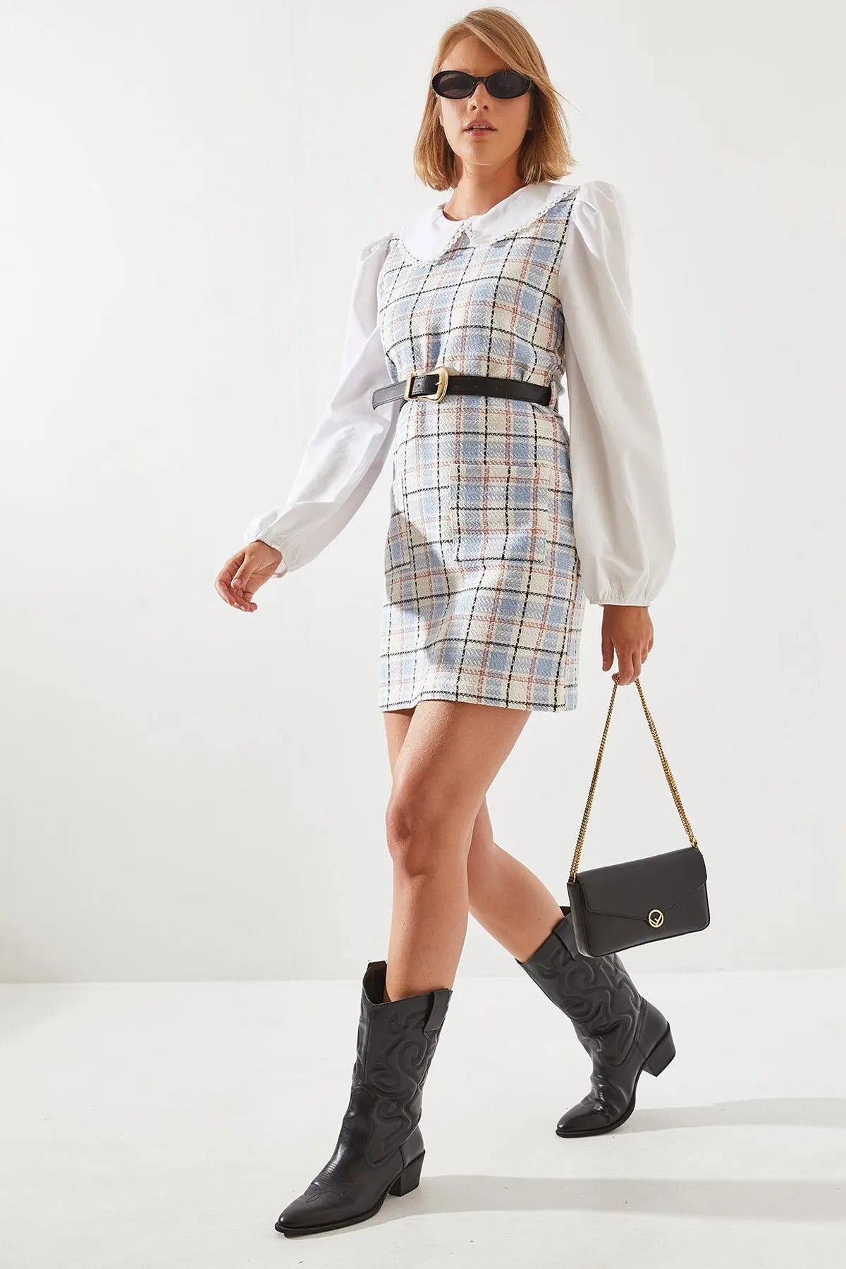 Women's Belted Plaid Collar Dress dress LUNARITY GARAGE