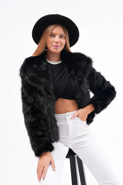 Wide Collar Faux Fur Jacket – Black faux fur coat LUNARITY GARAGE