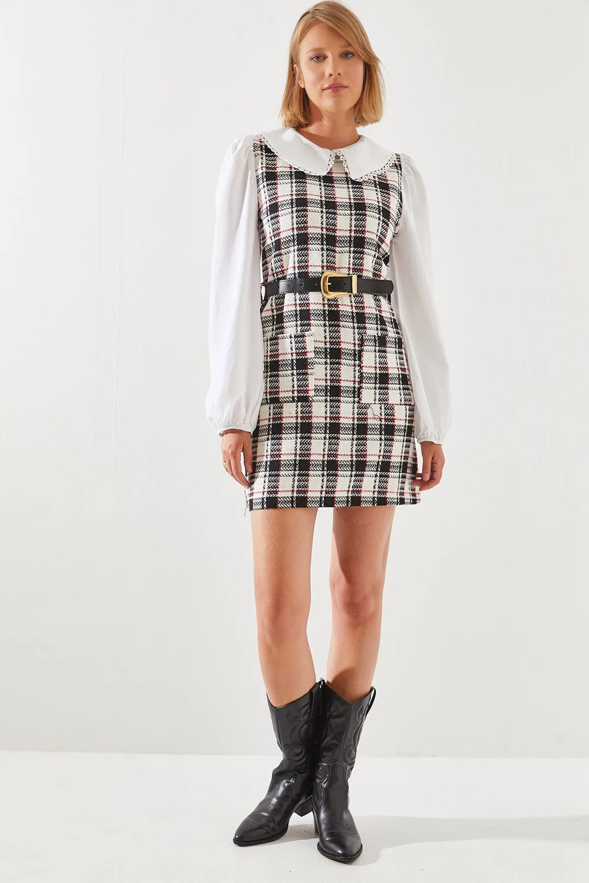 Women's Belted Plaid Collar Dress dress LUNARITY GARAGE