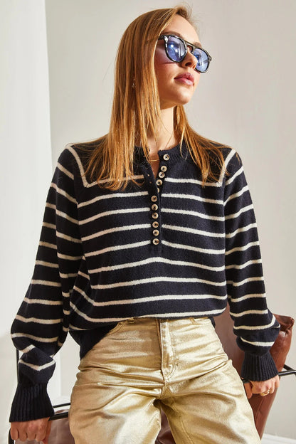 Women's Buttoned Turtleneck Striped Knit Sweater