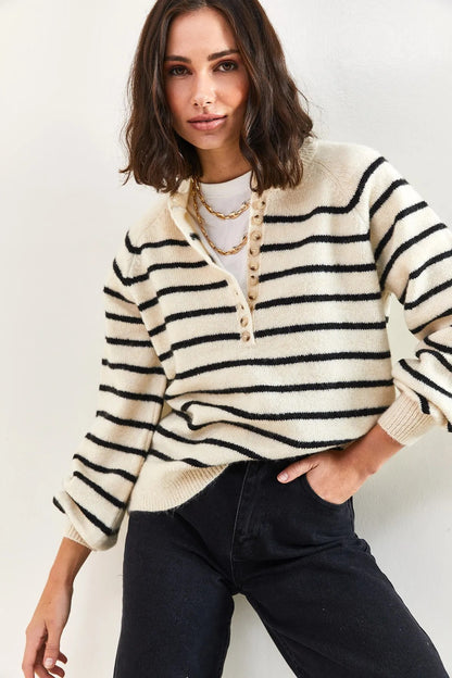 Women's Buttoned Turtleneck Striped Knit Sweater sweater LUNARITY GARAGE