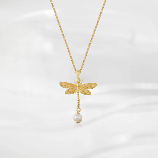 Dragonfly Pearl Handmade Gold-Plated Silver Necklace Necklace LUNARITY GARAGE