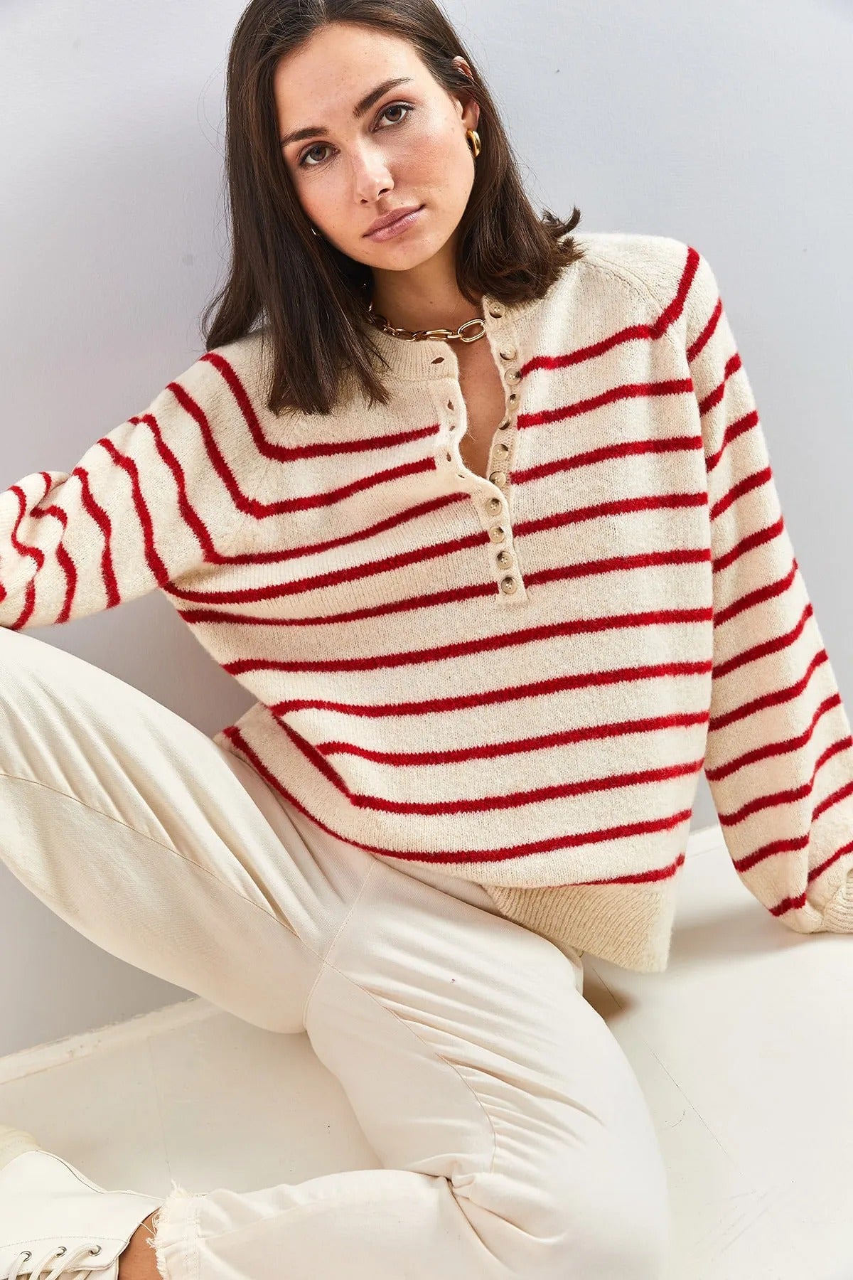 Women's Buttoned Turtleneck Striped Knit Sweater sweater LUNARITY GARAGE