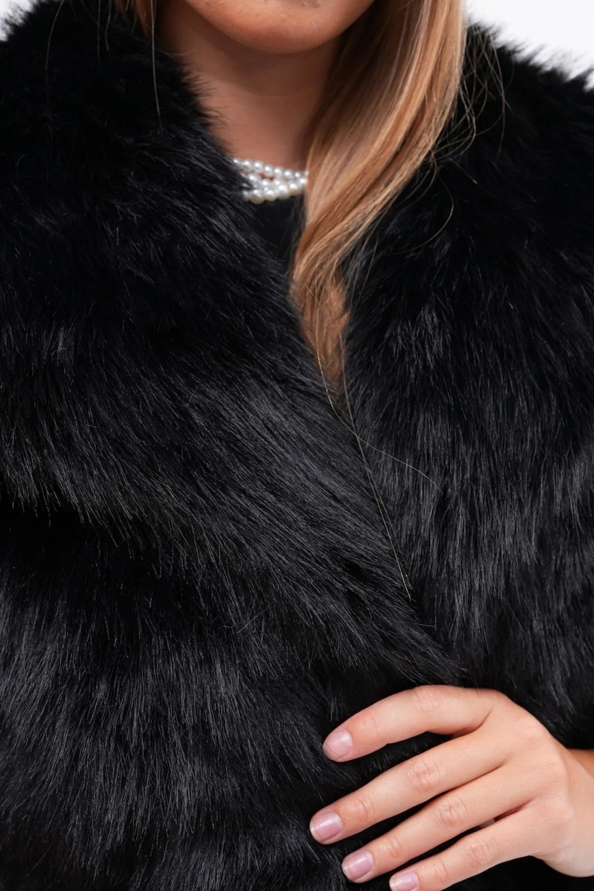 Wide Collar Faux Fur Jacket – Black faux fur coat LUNARITY GARAGE