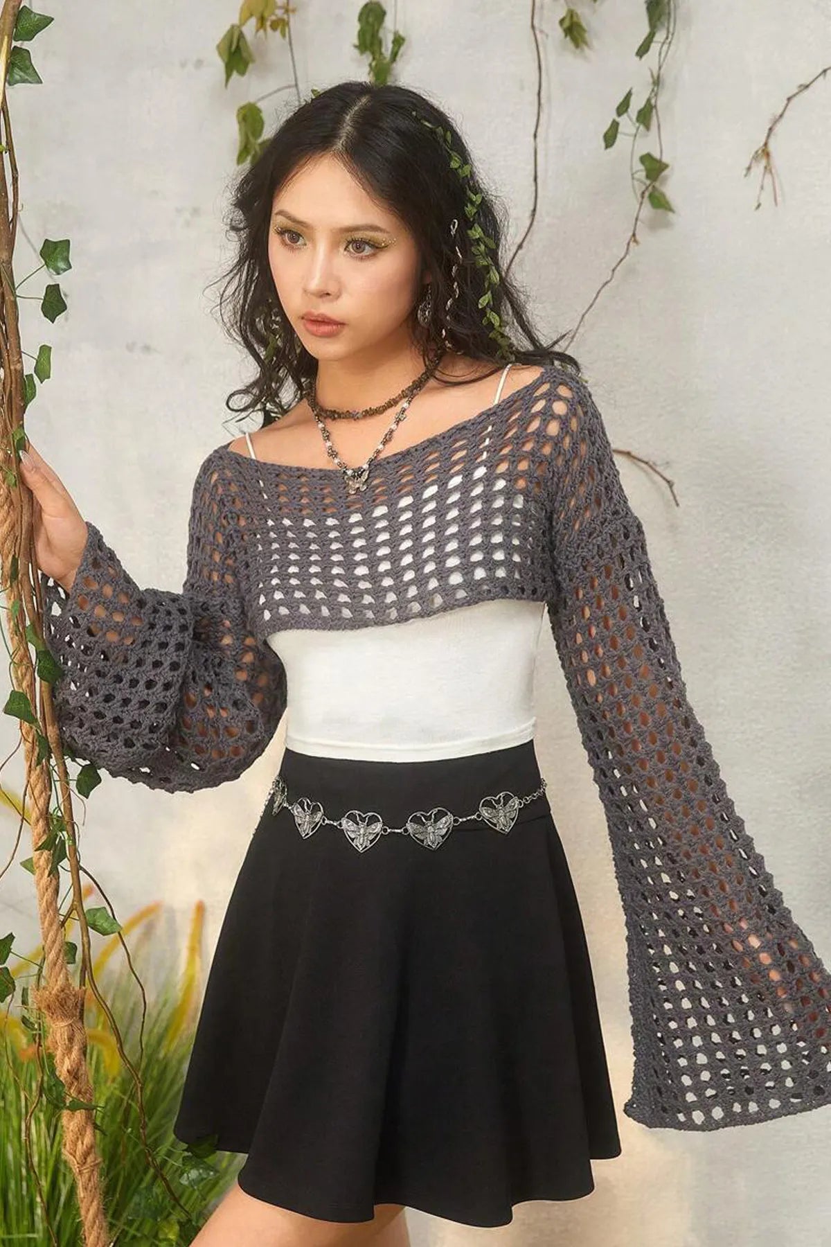 Ecru Crocket Knitted Cotton Y2K Blouse Bolero LUNARITY GARAGE Gray