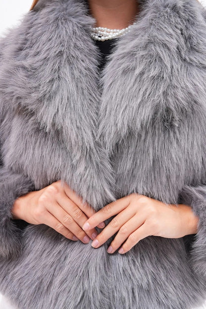 Wide Collar Faux Fur Jacket – Gray faux fur coat LUNARITY GARAGE