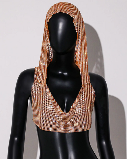 Rhinestone Hooded Crop Top crop top LUNARITY GARAGE Gold  