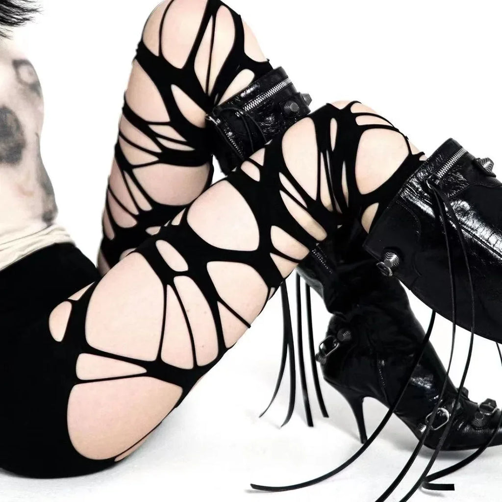 Y2K Torn Strap Sexy Gothic Black Perforated Pantyhose Socks Lunarity Garage   