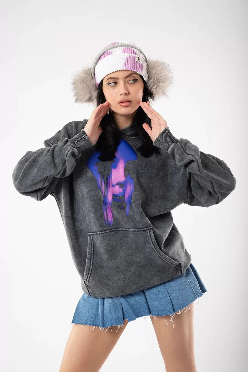 Acid Wash Black Grey Hoodie Handmade Asymmetrical Design Cotton Wool Fabric Hoodie LUNARITY GARAGE XS