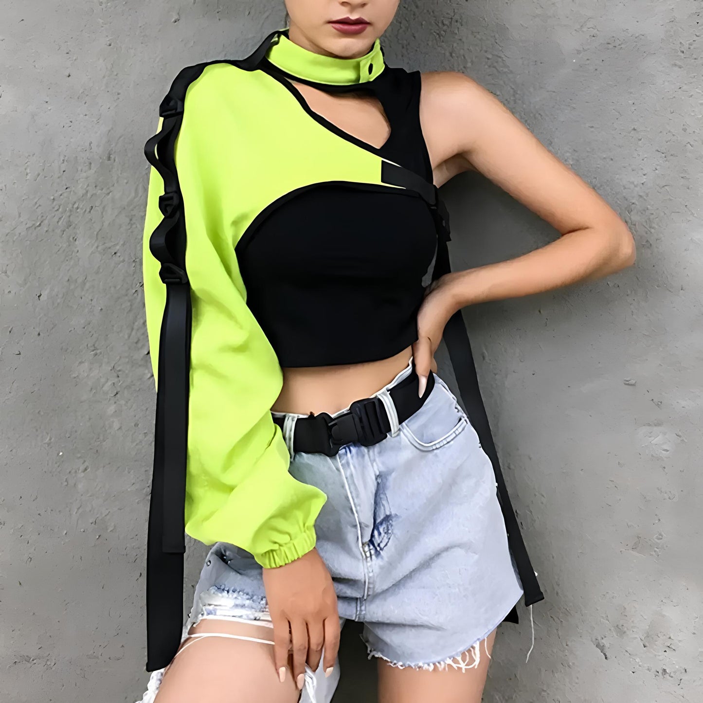 Reflective Harajuku Punk One-Shoulder Crop Top crop top Lunarity Garage Fluorescent Green One Size 