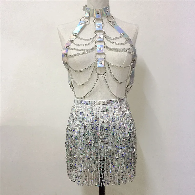 Holographic PU Harness Top & Sequins Fringe Skirt Set Outfit Set LUNARITY GARAGE Silver  