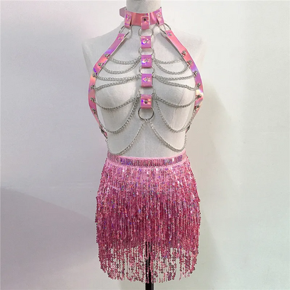 Holographic PU Harness Top & Sequins Fringe Skirt Set Outfit Set LUNARITY GARAGE   