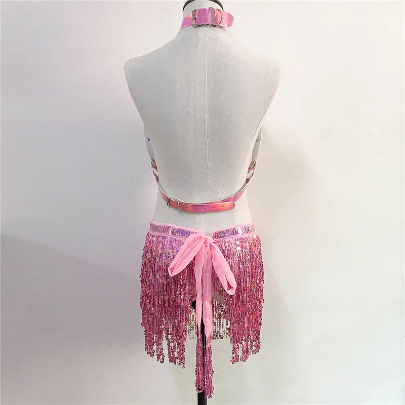 Holographic PU Harness Top & Sequins Fringe Skirt Set Outfit Set LUNARITY GARAGE   