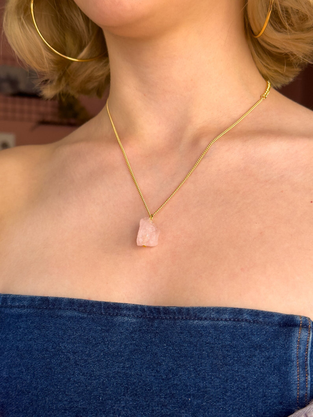Raw Rose Quartz Minimalist Necklace necklaces LUNARITY GARAGE 16 Inches  