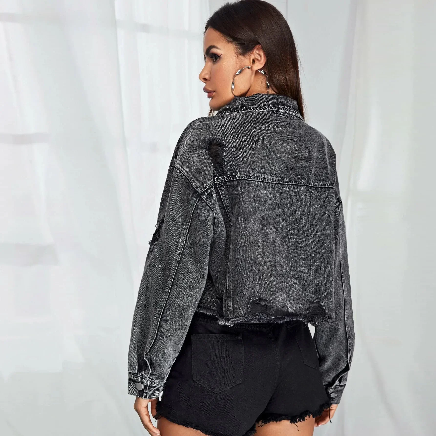 Hollow-Out Denim Bomber Jacket for Women jacket LUNARITY GARAGE