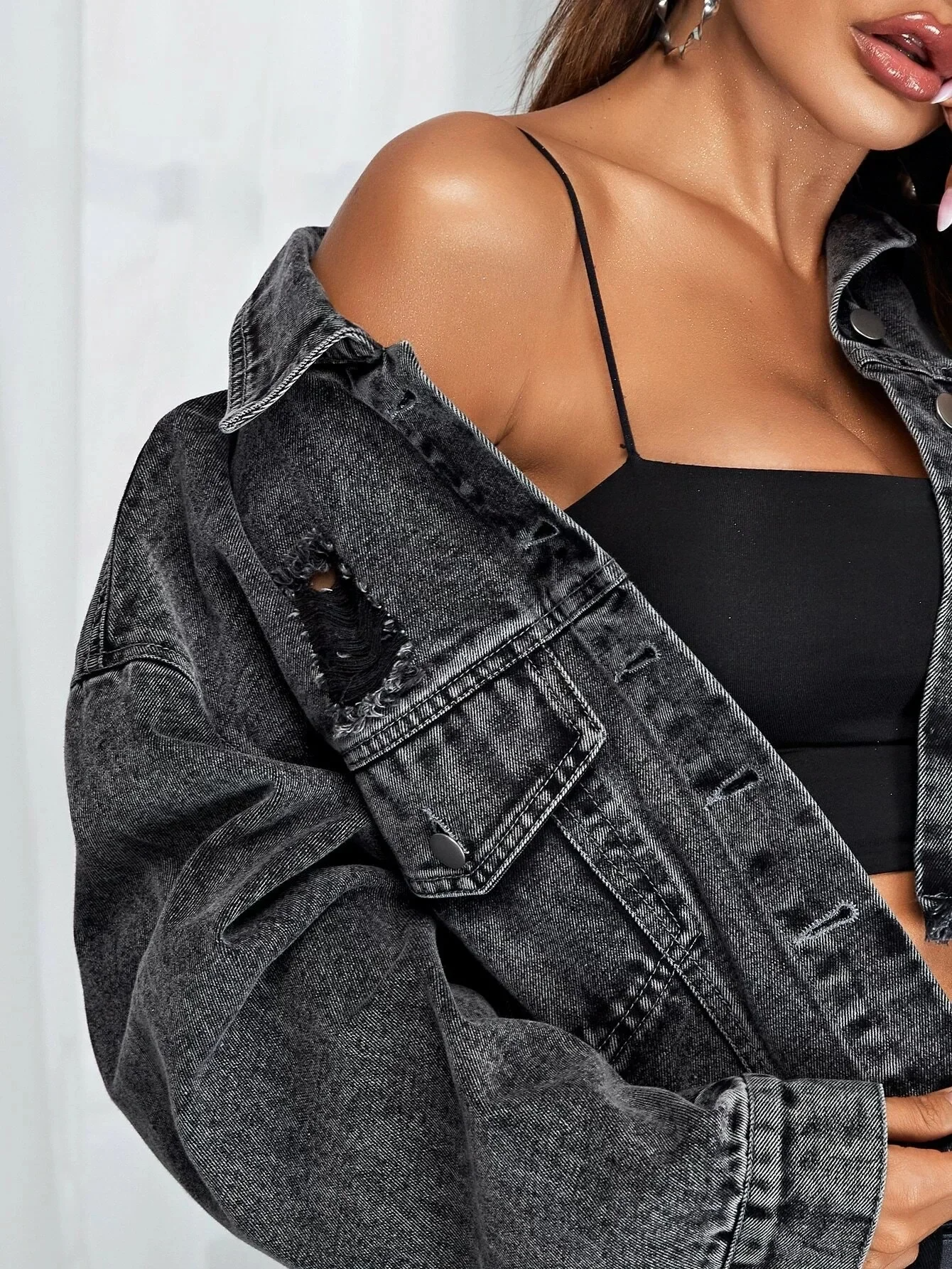 Hollow-Out Denim Bomber Jacket for Women jacket LUNARITY GARAGE