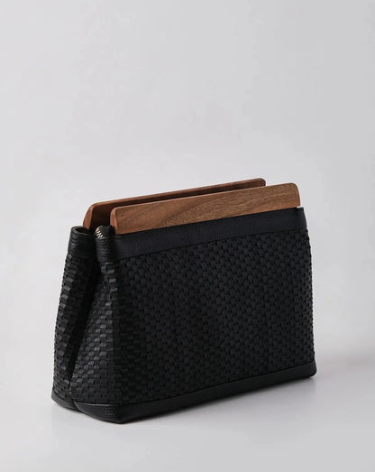 Exquisite Black Genuine Knitted Leather Clutch Handbag with Walnut Wood Accents clutch LUNARITY GARAGE   