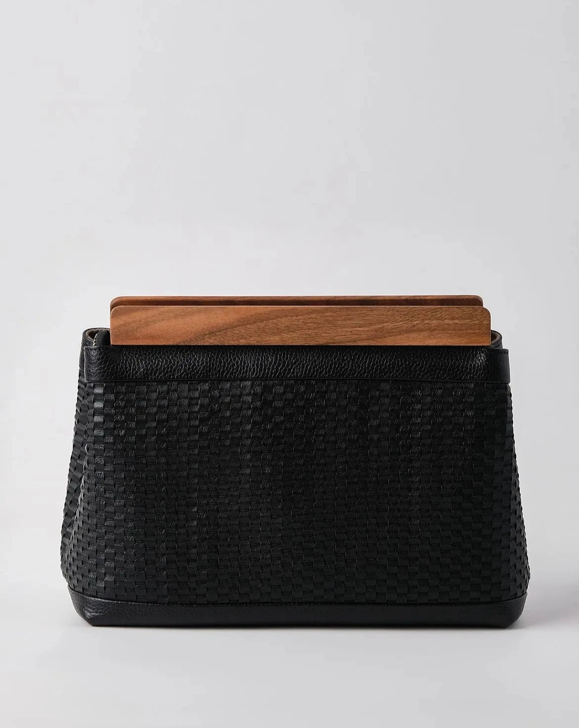 Exquisite Black Genuine Knitted Leather Clutch Handbag with Walnut Wood Accents clutch LUNARITY GARAGE   