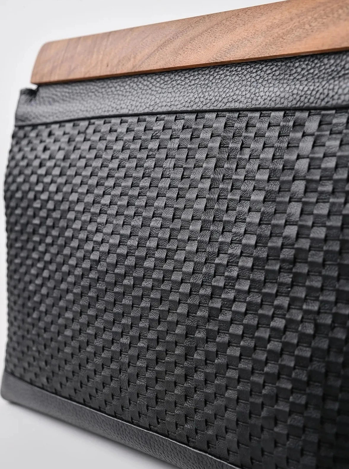 Exquisite Black Genuine Knitted Leather Clutch Handbag with Walnut Wood Accents clutch LUNARITY GARAGE