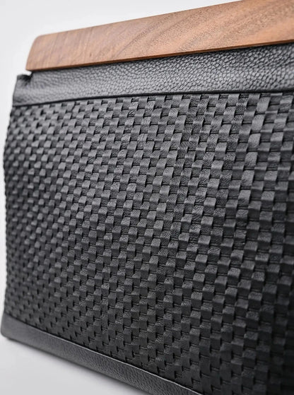 Exquisite Black Genuine Knitted Leather Clutch Handbag with Walnut Wood Accents clutch LUNARITY GARAGE   