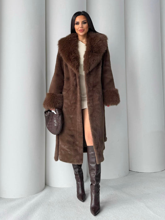 Women's Angora Long Fur Coat – Oversized Fit with Detachable Belt fur coat LUNARITY GARAGE Standard Brown