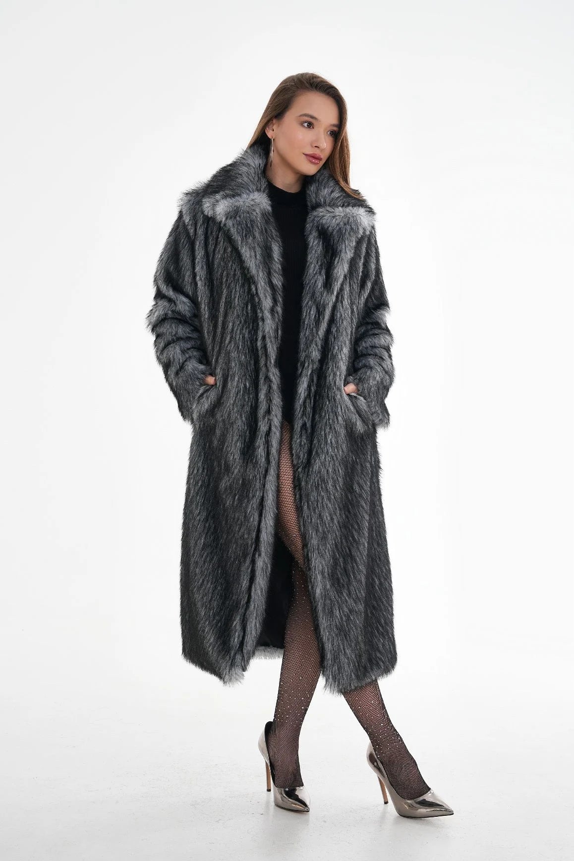 Long Faux Fur Coat – Gray Chinchilla Pattern faux fur coat LUNARITY GARAGE