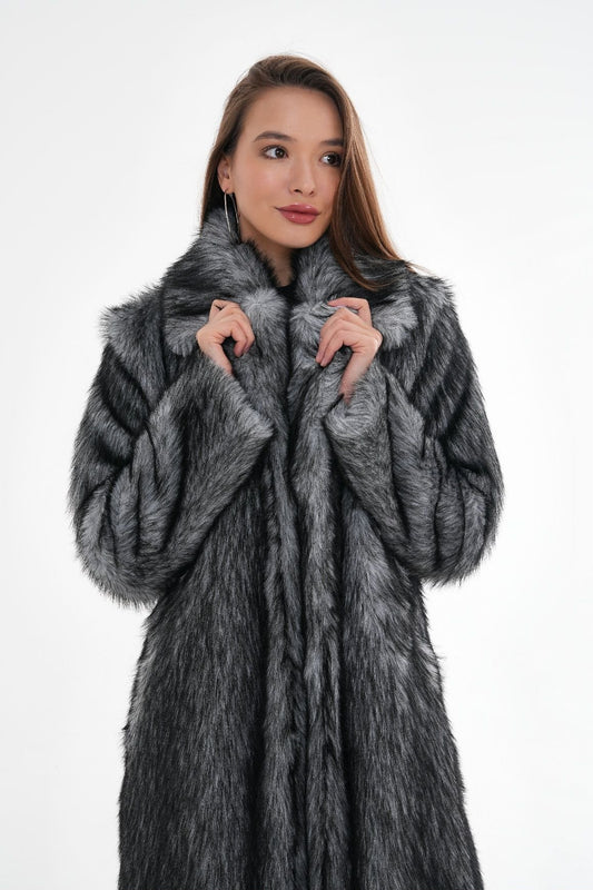 Long Faux Fur Coat – Gray Chinchilla Pattern faux fur coat LUNARITY GARAGE