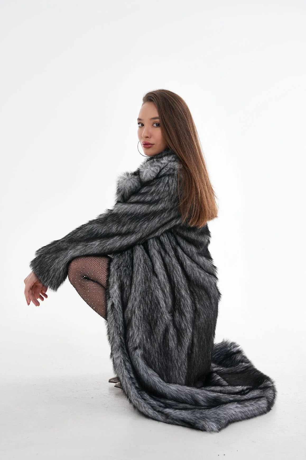 Long Faux Fur Coat – Gray Chinchilla Pattern faux fur coat LUNARITY GARAGE