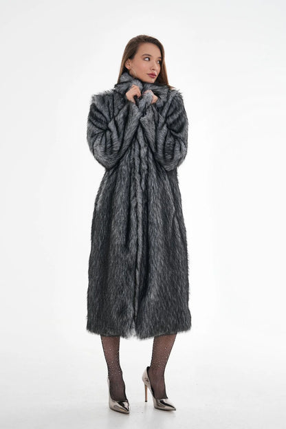 Long Faux Fur Coat – Gray Chinchilla Pattern faux fur coat LUNARITY GARAGE