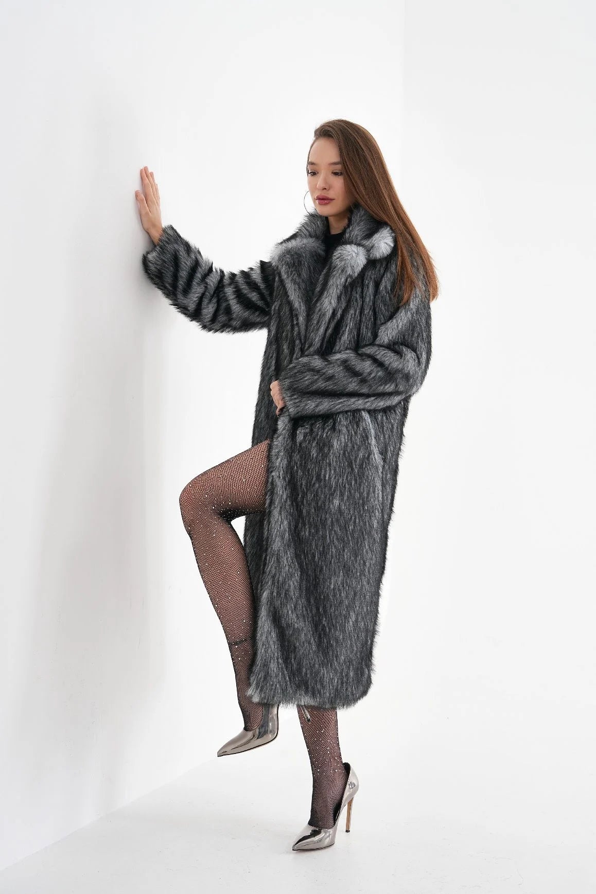 Long Faux Fur Coat – Gray Chinchilla Pattern faux fur coat LUNARITY GARAGE