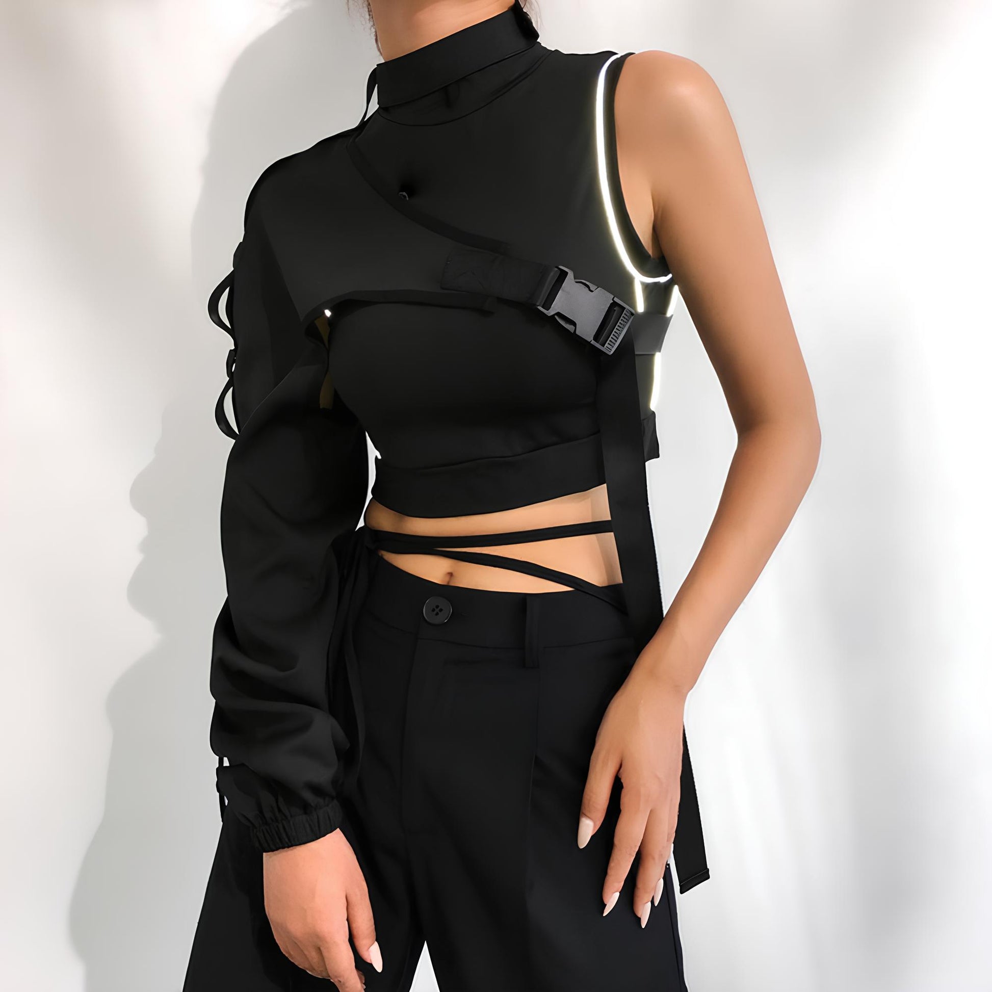 Reflective Harajuku Punk One-Shoulder Crop Top crop top Lunarity Garage Black One Size