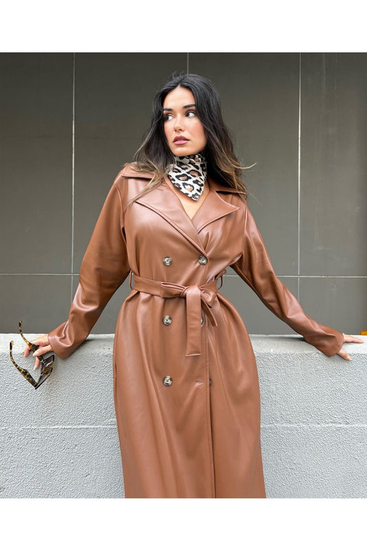 Women's Brown Double-Breasted Trench Coat Trench Coat LunarityGarage Coffee S