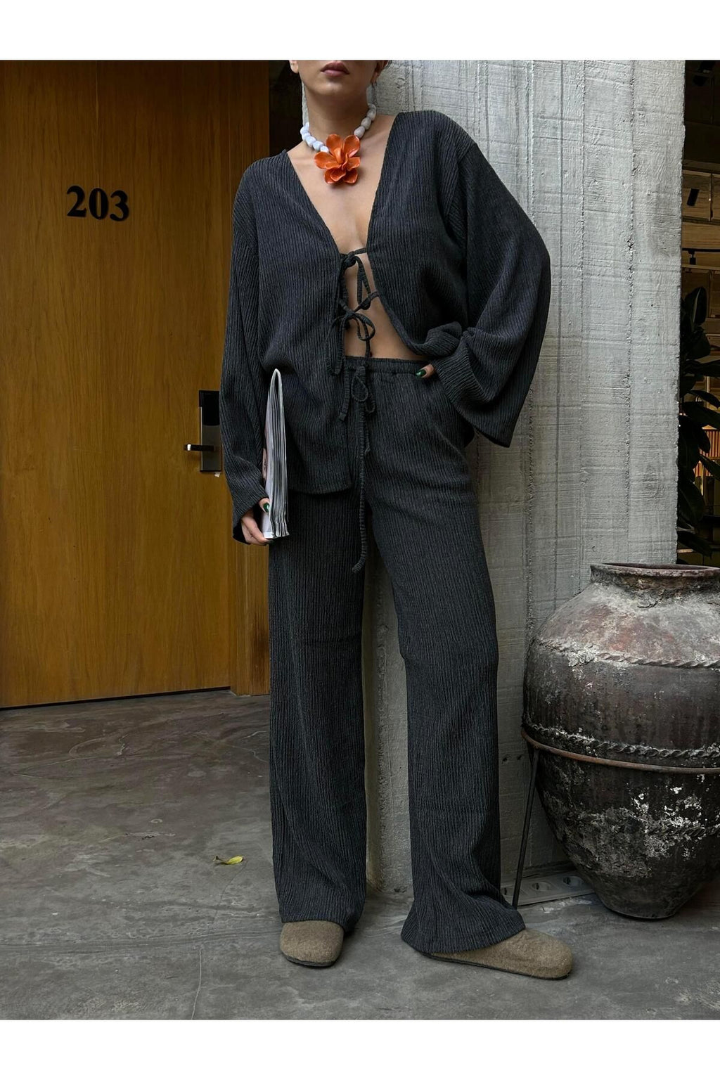 Flowy Crinkled Kimono Blouse and Trouser Set set LunarityGarage