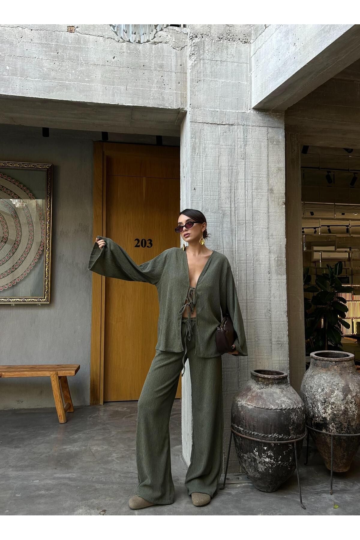 Flowy Crinkled Kimono Blouse and Trouser Set set LunarityGarage Khaki S