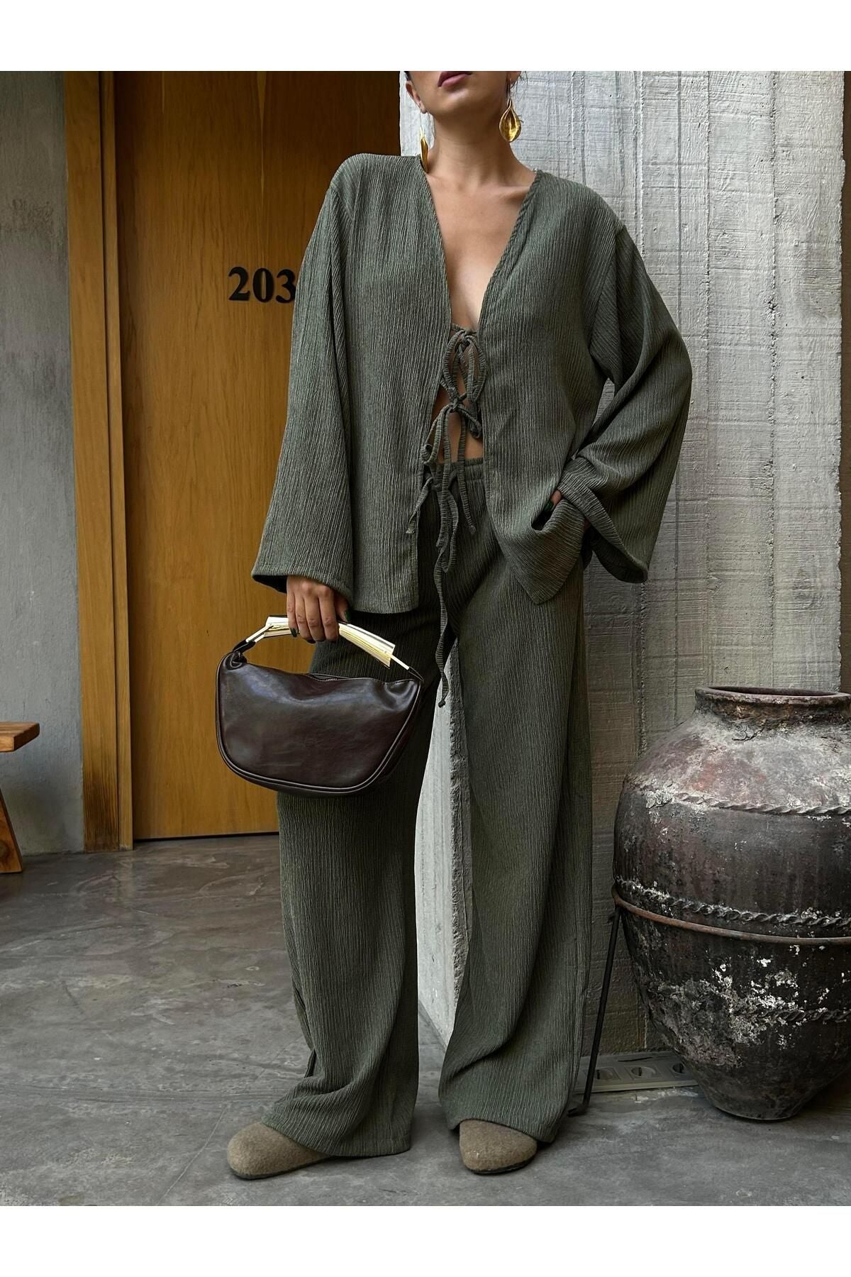 Flowy Crinkled Kimono Blouse and Trouser Set set LunarityGarage