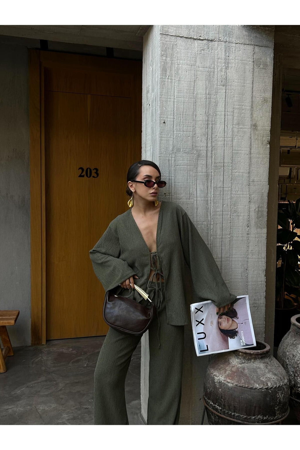 Flowy Crinkled Kimono Blouse and Trouser Set set LunarityGarage