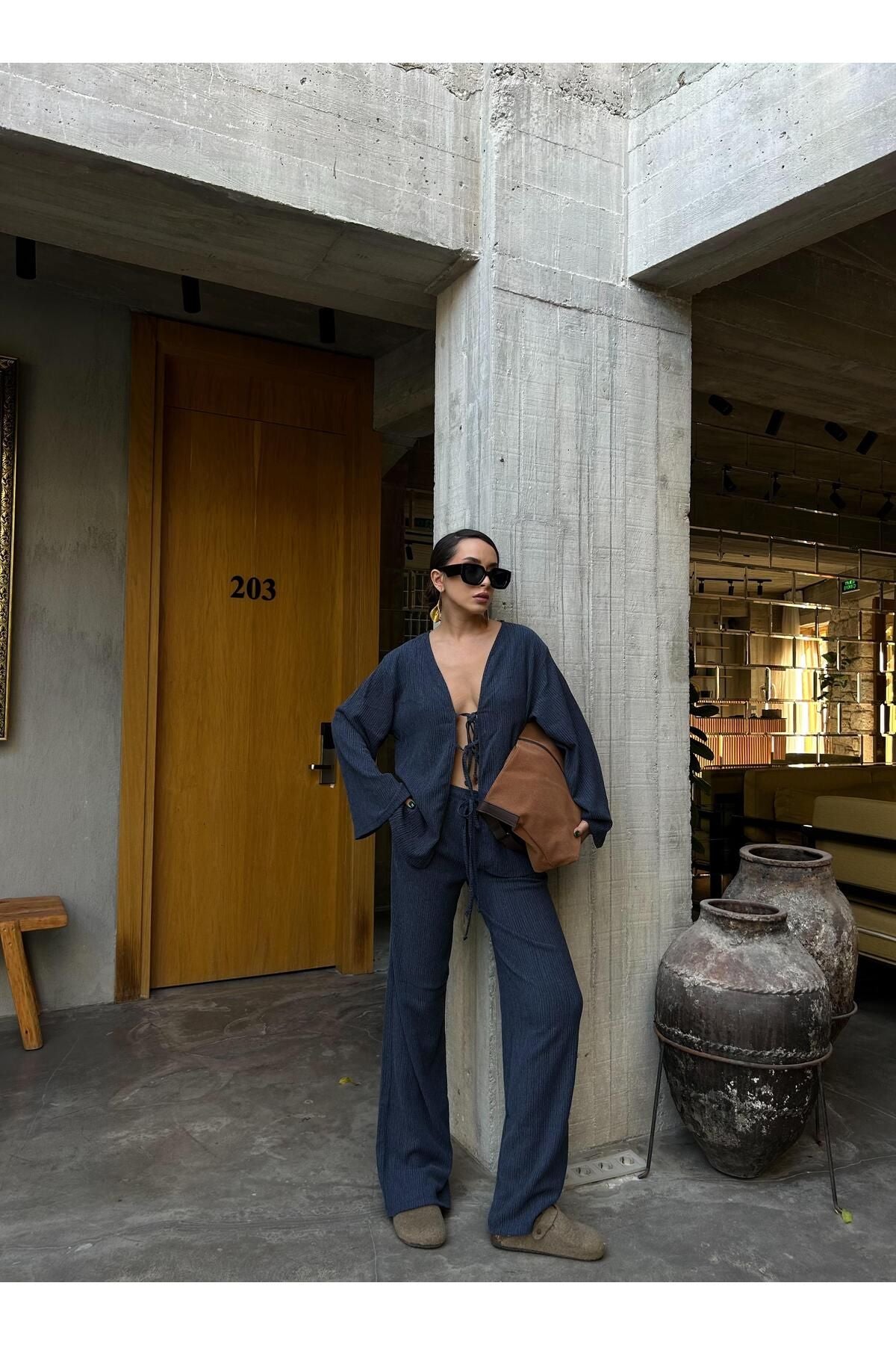 Flowy Crinkled Kimono Blouse and Trouser Set set LunarityGarage Indigo S