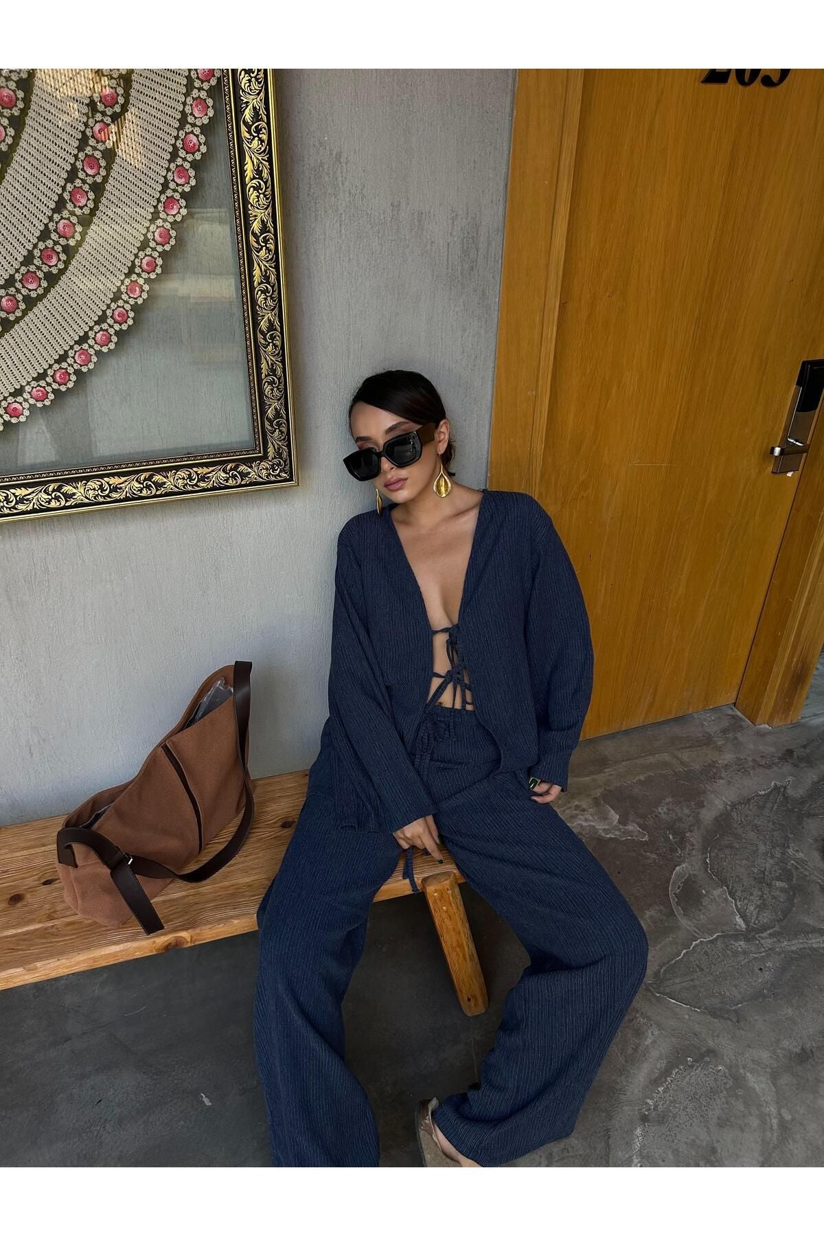 Flowy Crinkled Kimono Blouse and Trouser Set set LunarityGarage