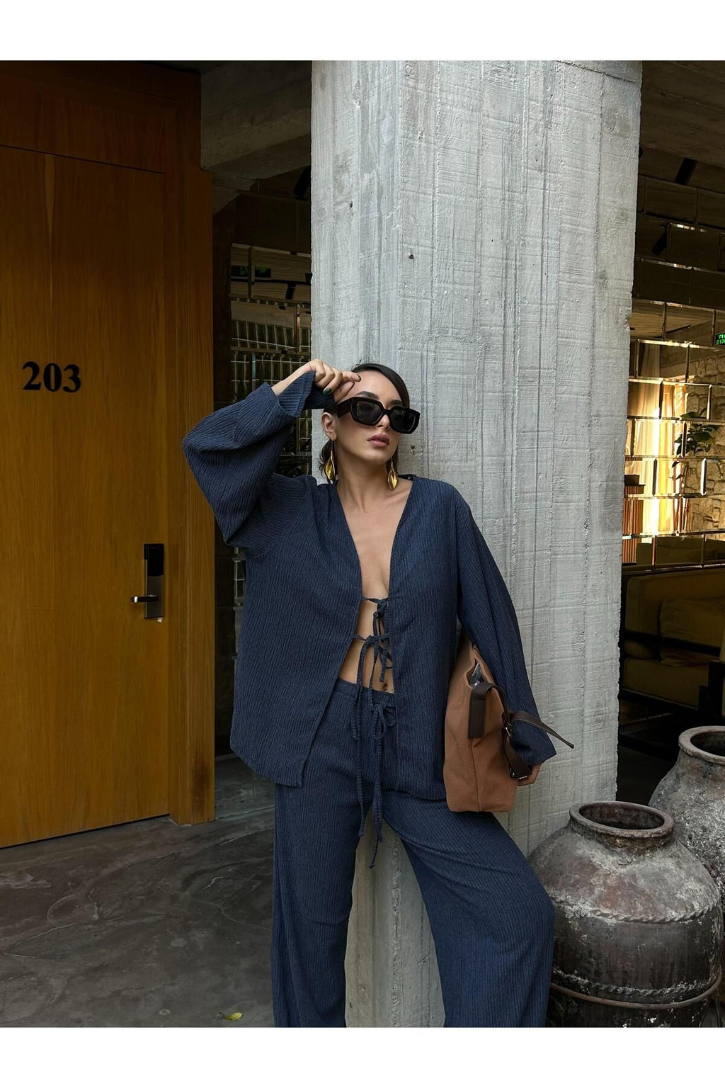 Flowy Crinkled Kimono Blouse and Trouser Set set LunarityGarage