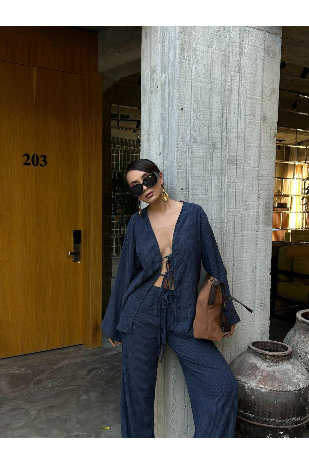 Flowy Crinkled Kimono Blouse and Trouser Set set LunarityGarage