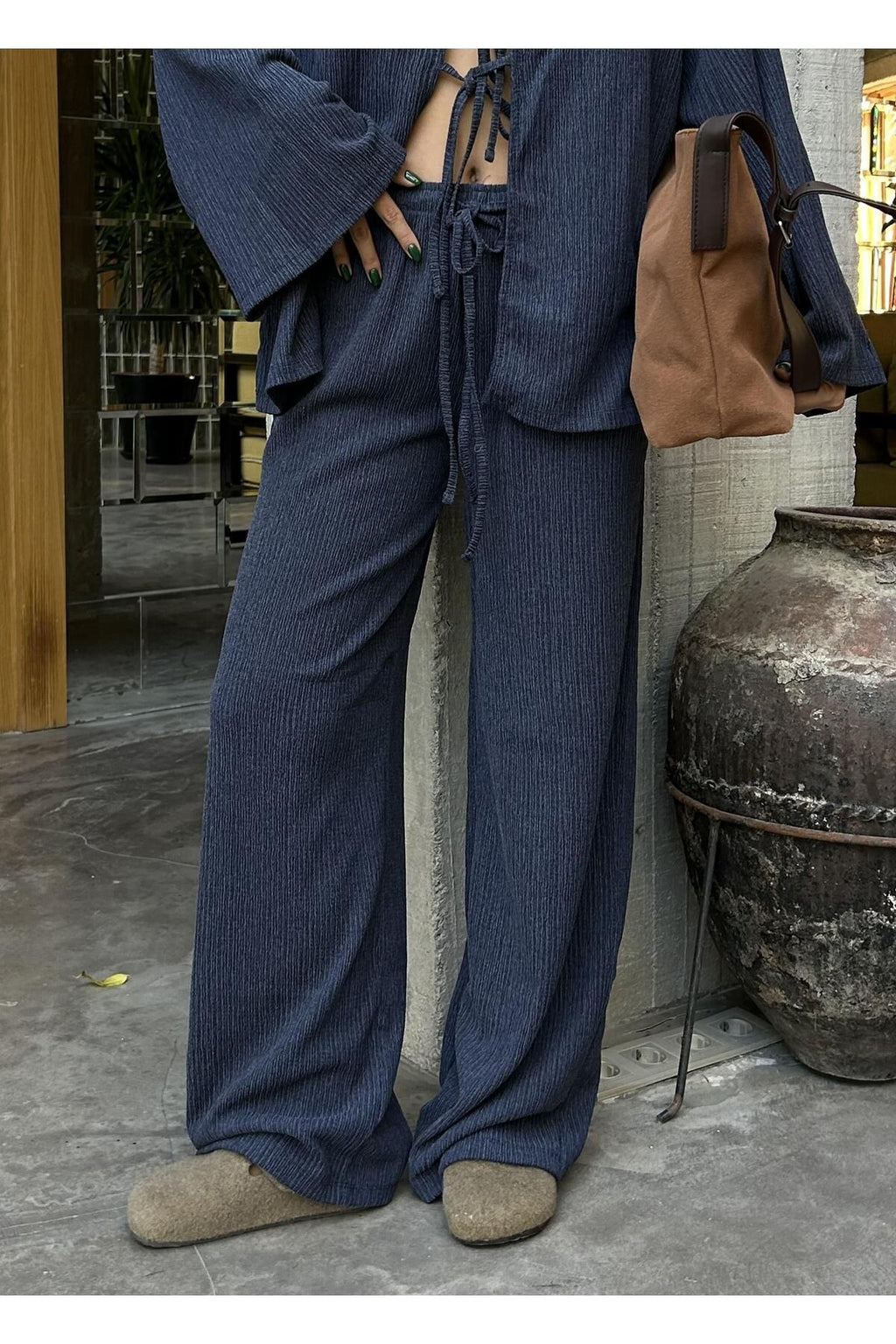 Flowy Crinkled Kimono Blouse and Trouser Set set LunarityGarage