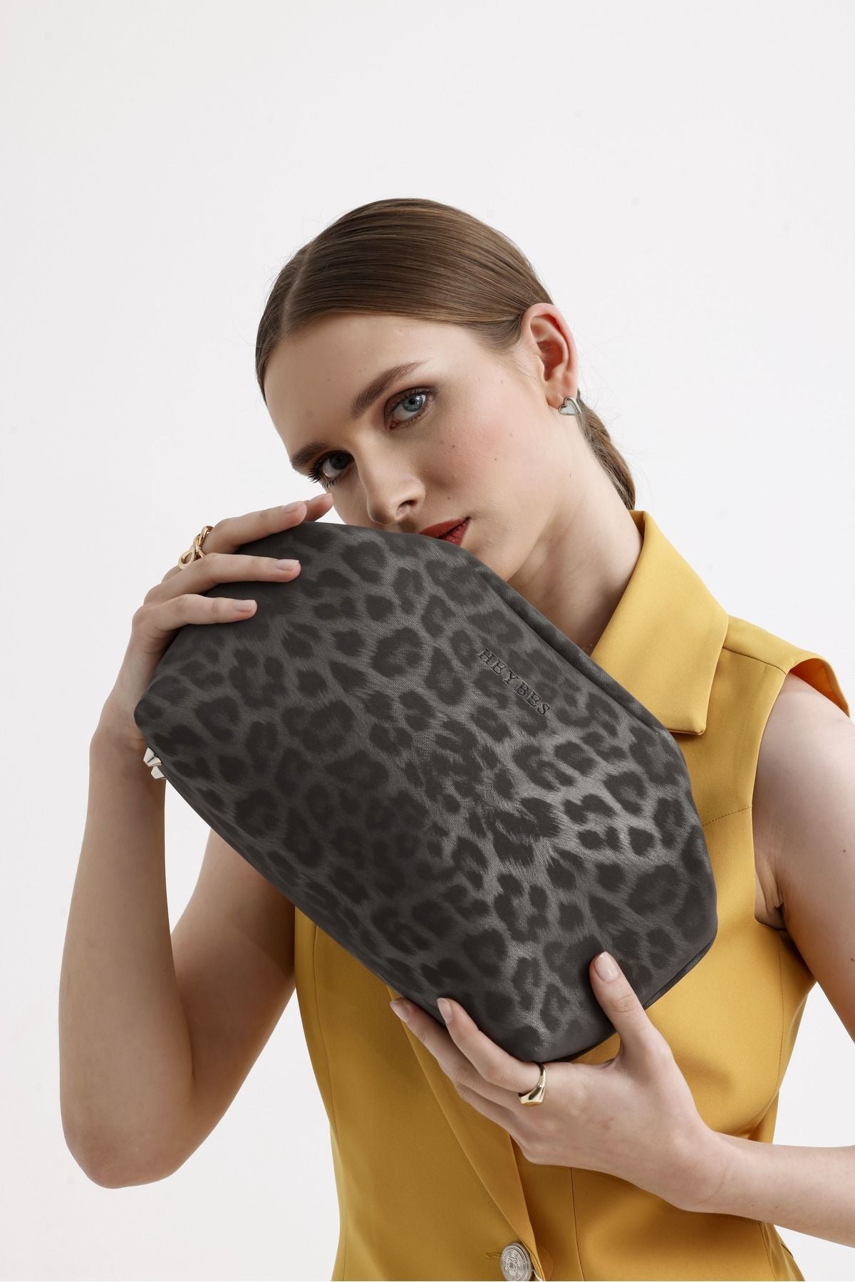 Women's Gray Leopard Patterned Faux Leather Clutch Handbag handbag LunarityGarage Standard Gray
