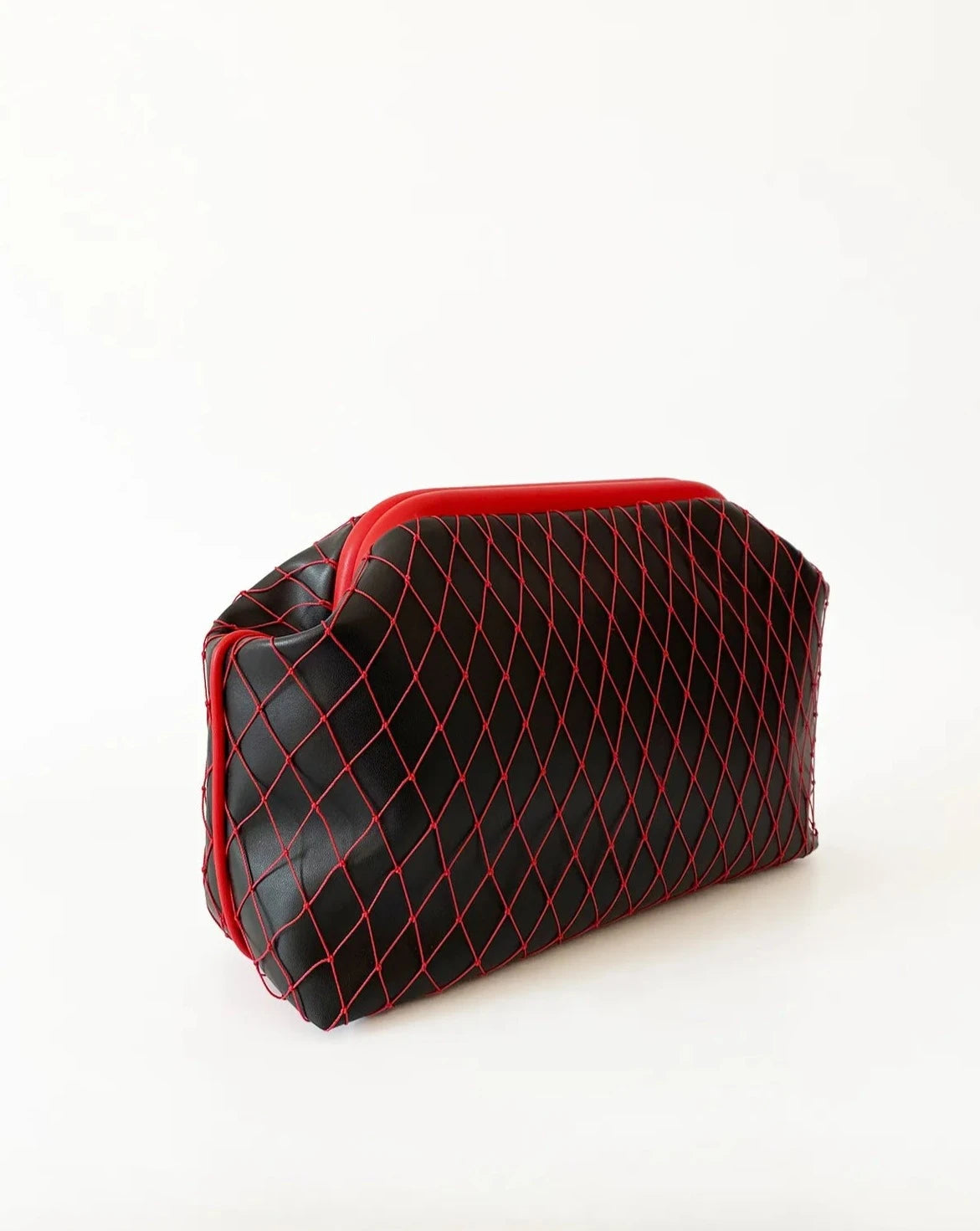 Stylish Black Faux Leather Handbag with Red Mesh Detailing handbags LUNARITY GARAGE