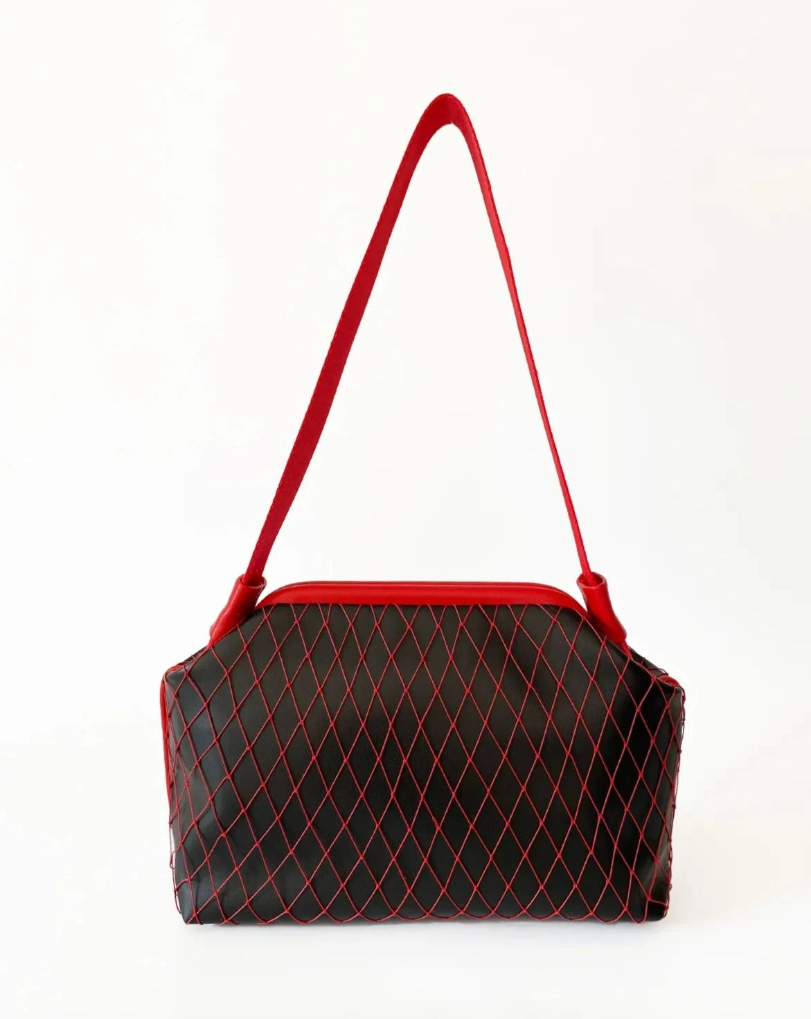 Stylish Black Faux Leather Handbag with Red Mesh Detailing handbags LUNARITY GARAGE